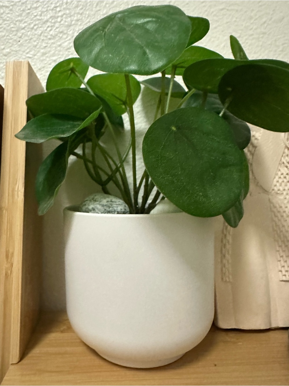 White Ceramic Planter with Green Faux Pilea Plant 6 inches high